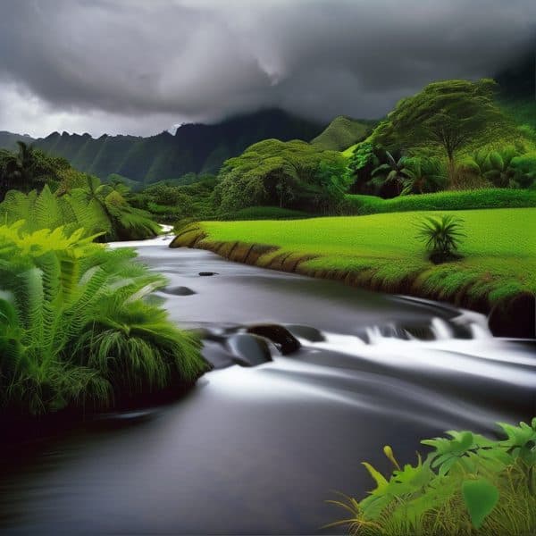 Fiji river flowing through lush green landscape with mountains under cloudy sky.