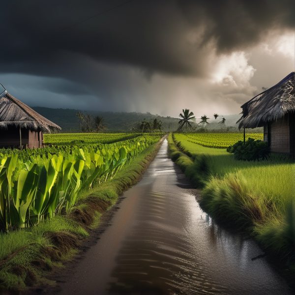 Rice paddies in Fiji under stormy skies with lush greenery and traditional thatched huts.