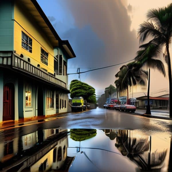 Vibrant street view in Fiji showcasing colorful buildings, palm trees, and wet pavement reflections.