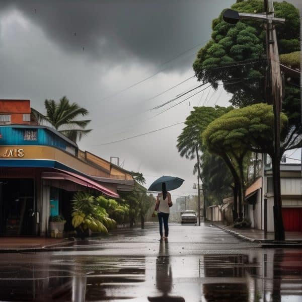 Rainy street scene with a person holding an umbrella in Fiji during a storm.