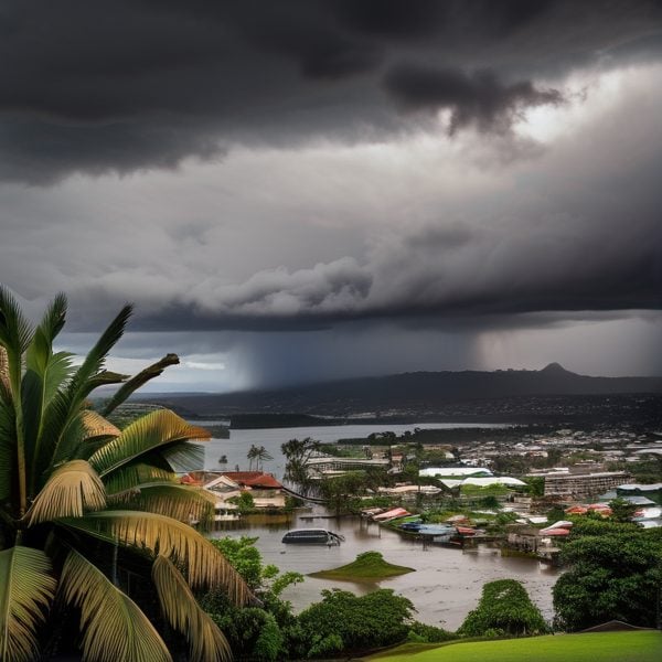 Storm clouds over Fiji with heavy rain and dark skies.
