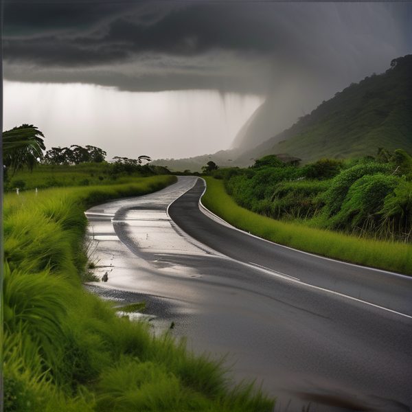 Road Curving Through Lush Green Landscape During Rainstorm.