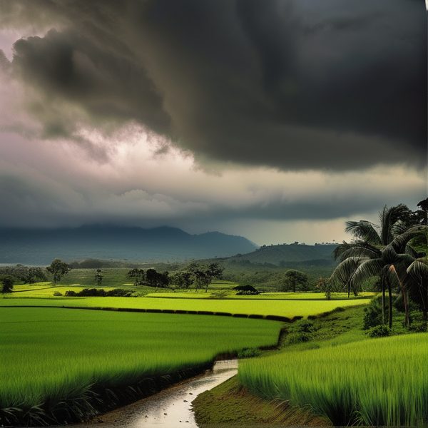 Stormy weather over lush Fijian fields and mountains.