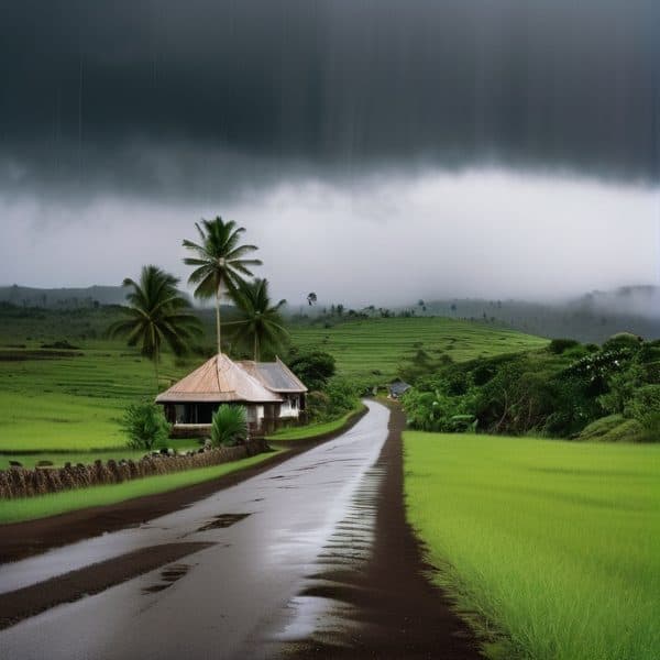 Fijian countryside under heavy rainstorm with dark clouds and lush green fields.