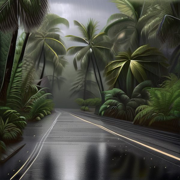 Rainforest road with lush tropical plants, wet pavement, and misty atmosphere.