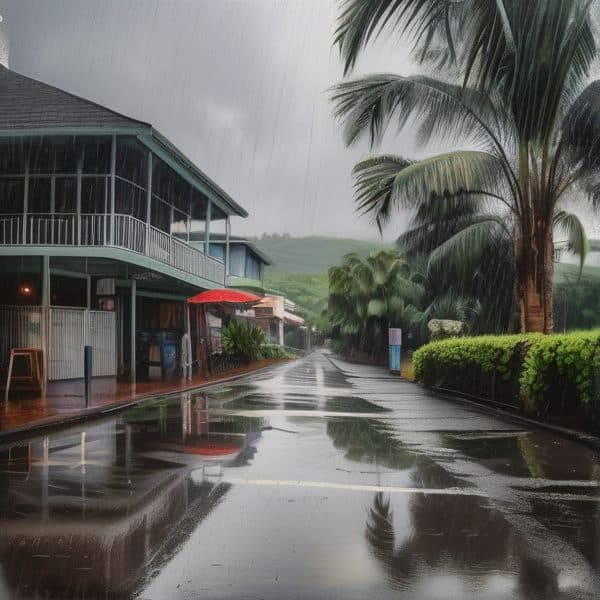 Rain-soaked street with palm trees and buildings during a heavy downpour in Fiji.