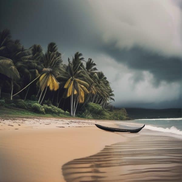 Tropical beach scene with palm trees, sandy shore, and dark storm clouds overhead.