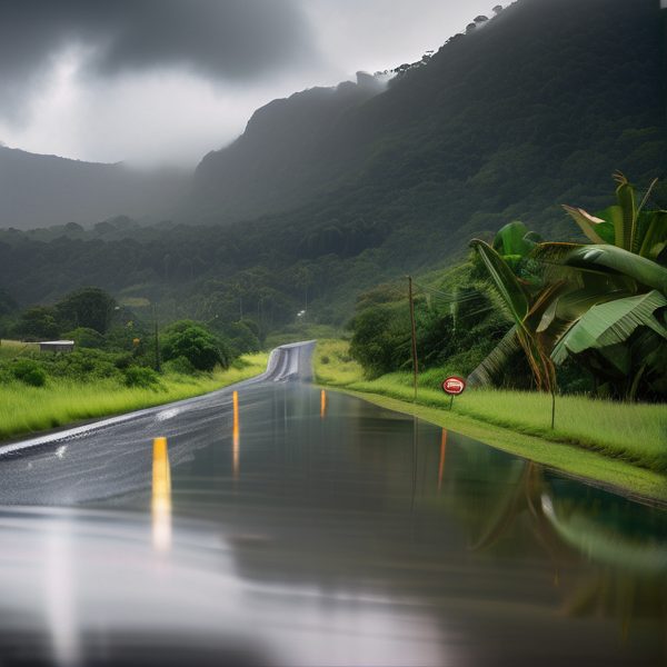 Rainy mountain road in lush tropical landscape, Fiji.