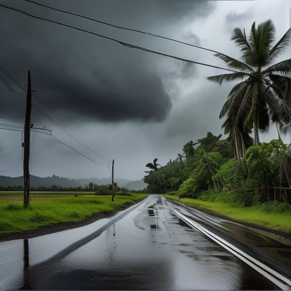 Stormy weather over rural road in Fiji with dark clouds and lush greenery.
