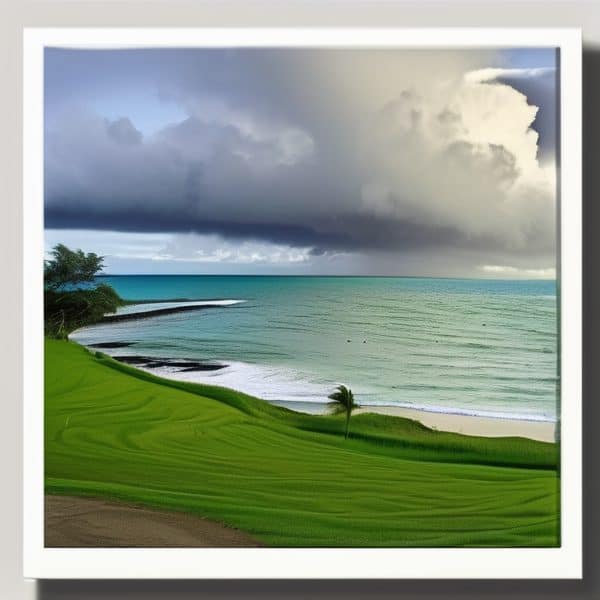 Beautiful tropical beach with lush green golf course and dramatic storm clouds overhead.