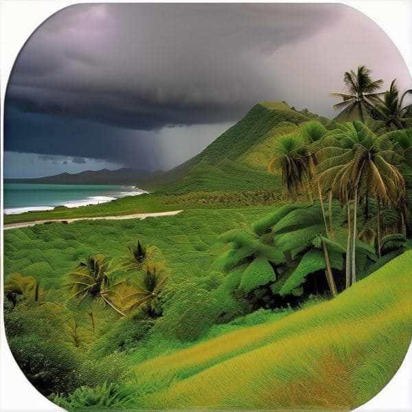 Stormy weather over lush Fijian hills and palm trees.