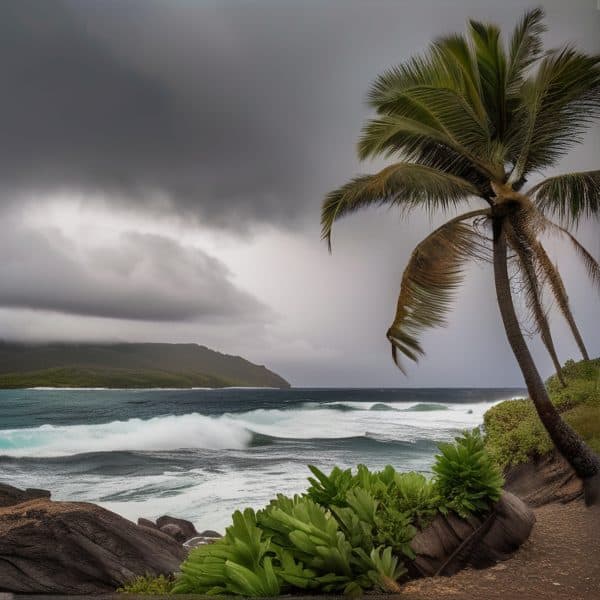 Scenic tropical beach with palm trees and stormy clouds over the ocean.
