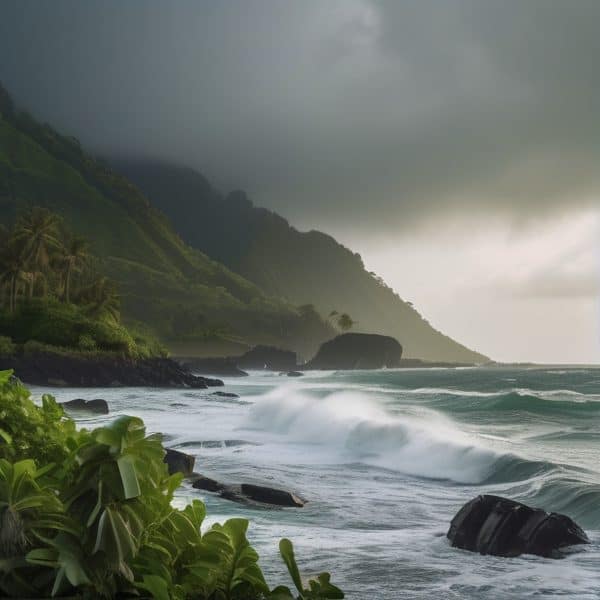 Stormy coastal landscape with lush green hills and crashing waves.