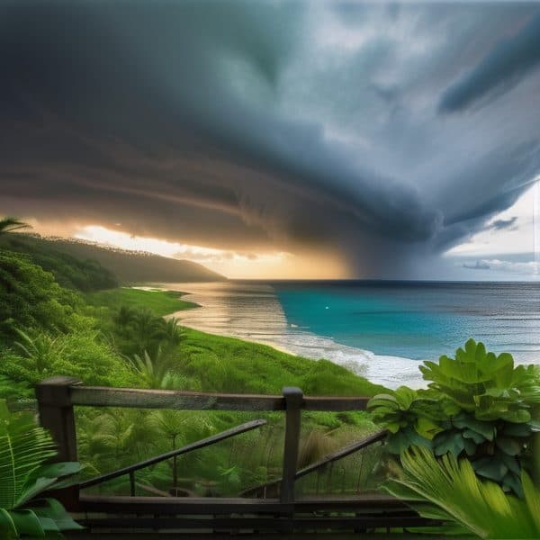 Storm clouds over Fiji's coastline with heavy rain and dark skies.