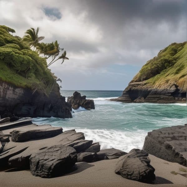 Beautiful Fijian coastal landscape with rocks, palm trees, and ocean waves under cloudy skies.