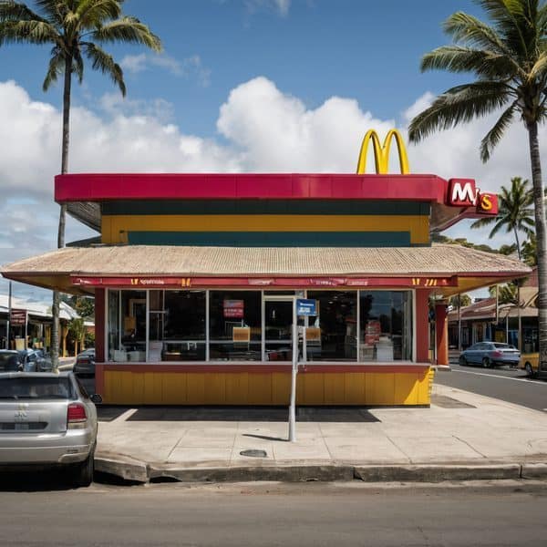 McDonald's Fiji restaurant with iconic golden arches and vibrant colors.