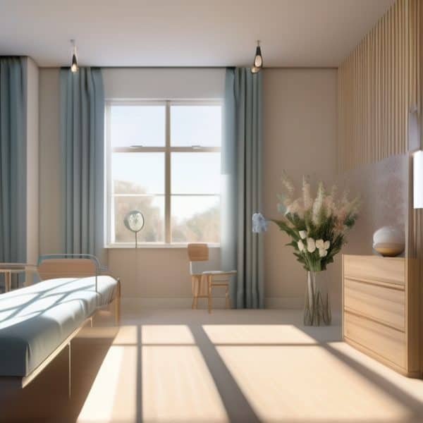 Bright, airy bedroom with large window, light wood furniture, and calming decor.