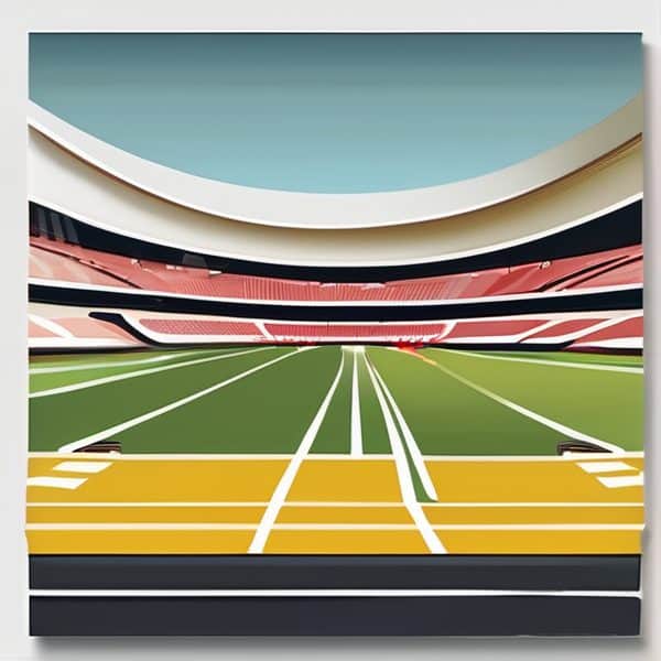 Interior view of a modern sports stadium with empty seats and a running track.