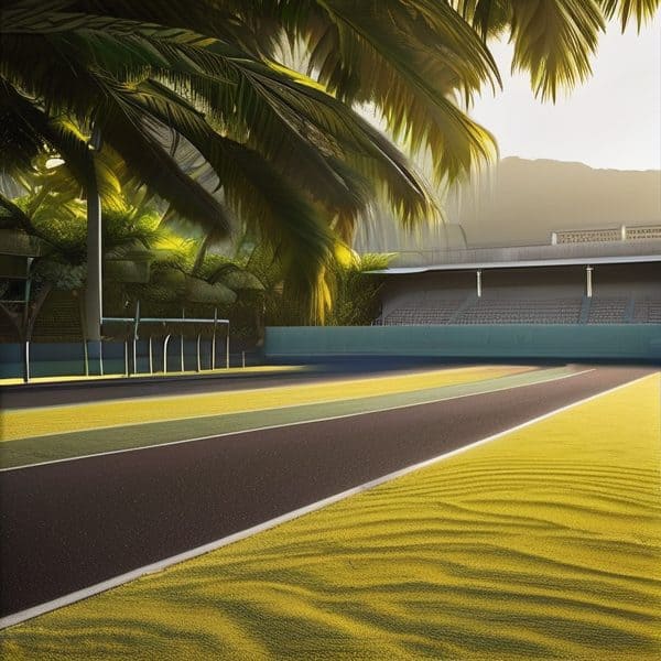 Track with palm trees in a tropical setting at sunset.