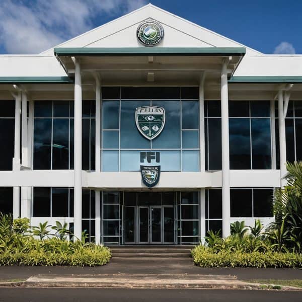 Fiji Global News building with Fiji Football Federation logo in front.