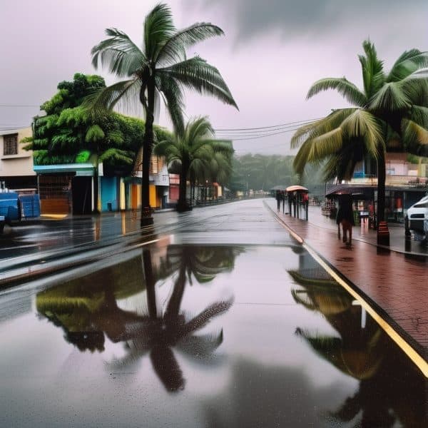 Rainy street with palm trees and reflections on wet pavement in Fiji.