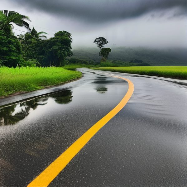 Road after rain with lush greenery and dark storm clouds in Fiji.