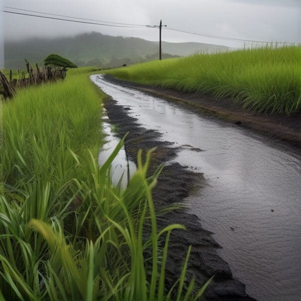 Rainy rice field road in Fiji with lush green surroundings.