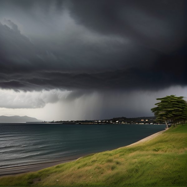 Storm clouds over Fiji coast, heavy rain approaching, dark skies, and lush greenery.