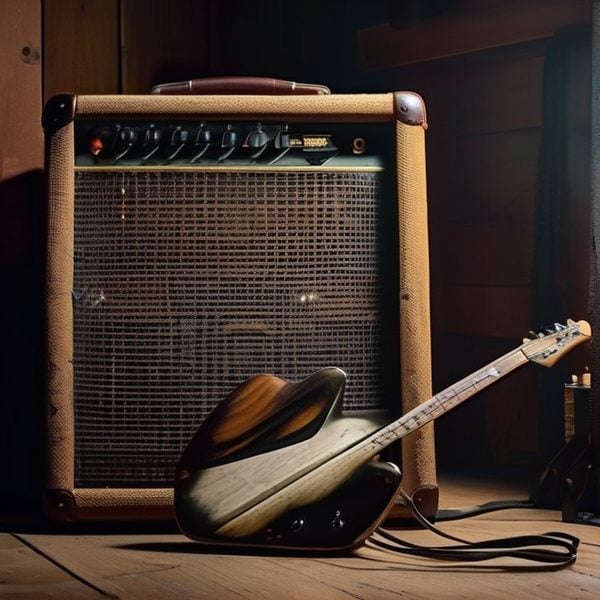 Guitar leaning against a vintage amplifier in a warm, wooden music studio setting.