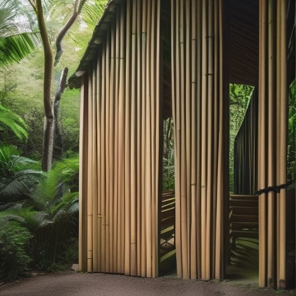 Bamboo building in tropical rainforest with greenery and natural materials.