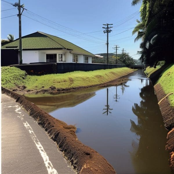 Waterway and power lines in a residential area of Fiji.