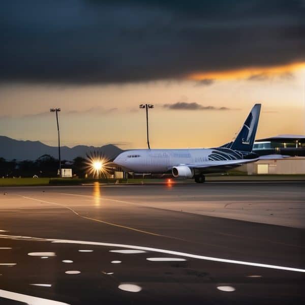 Airplane parked on runway at sunset with dramatic sky in background.