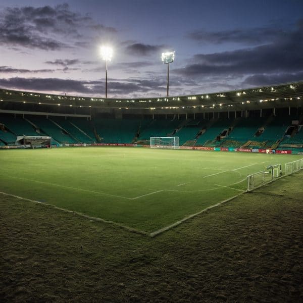 Bright floodlights illuminate Fiji Stadium soccer field at dusk.