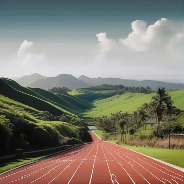 Scenic view of a running track in lush green hills of Fiji.