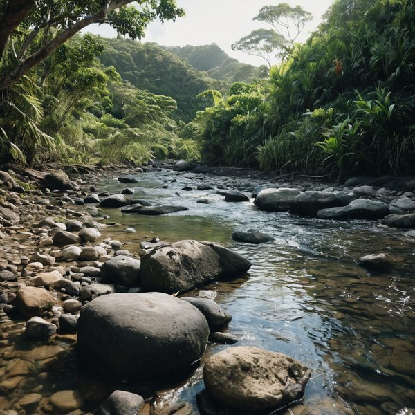 Tropical river flowing through lush Fiji jungle with rocks and dense greenery.