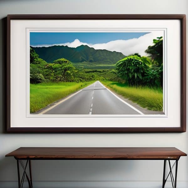 Scenic road through lush green landscape with mountains in the background, showcasing Fiji’s natural.