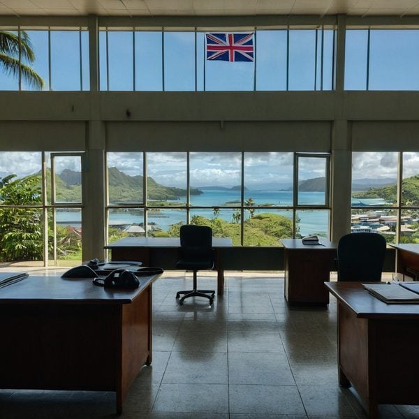Government office in Fiji with scenic ocean and mountain views through large windows.