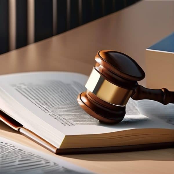 Gavel resting on an open book symbolizing justice, law, and legal proceedings.