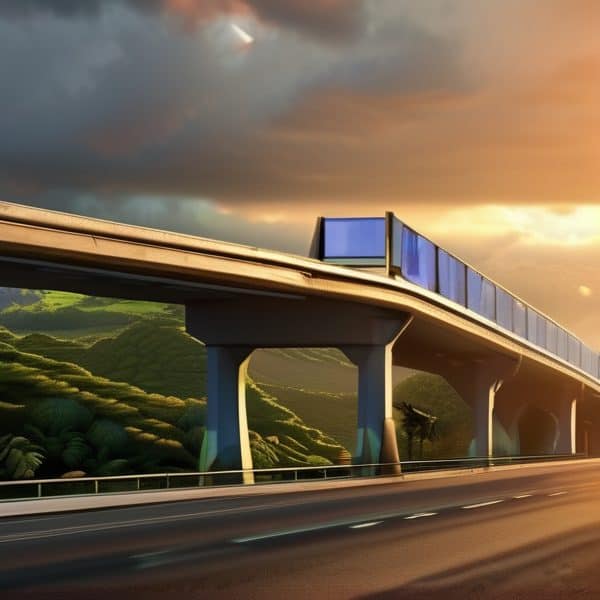 Modern highway overpass at sunset in Fiji.