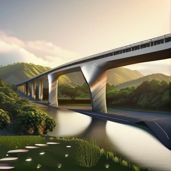 Bridge over lush river in Fiji with green hills in background.