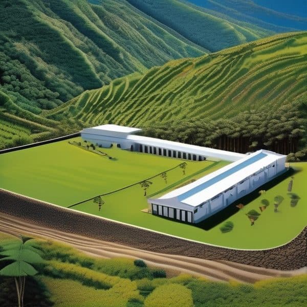 Modern agricultural facility in lush green hills of Fiji.