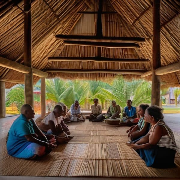 Fijian community gathering inside a traditional bamboo hut with local residents.