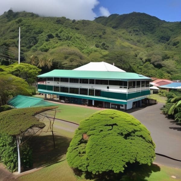 Modern office building surrounded by lush greenery in Fiji.