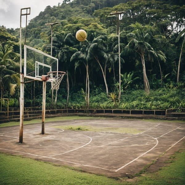 Outdoor basketball court surrounded by lush tropical trees and greenery.