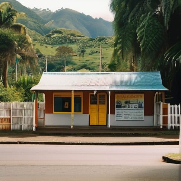 Traditional Fijian village house with lush green mountains in background.