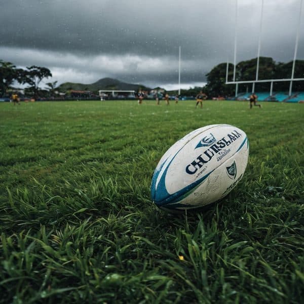 Rugby ball on field during stormy weather in Fiji.