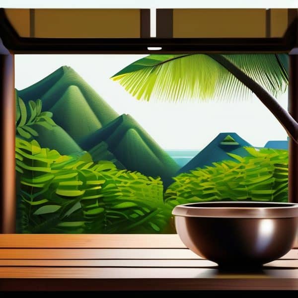 Tropical mountain landscape with lush greenery, palm leaves, and a view of distant mountains and oce.