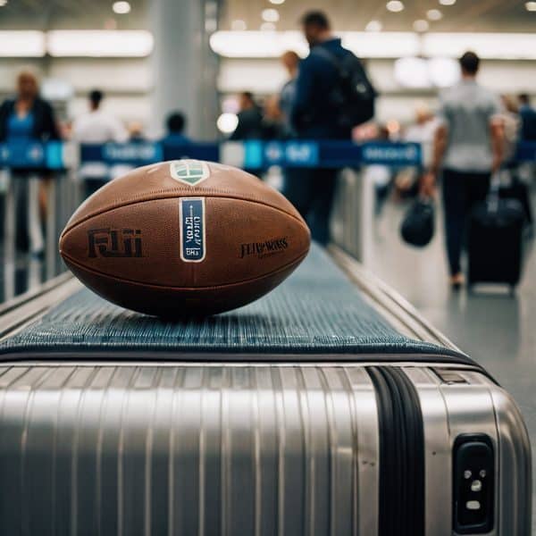 Football on luggage at airport check-in counter.