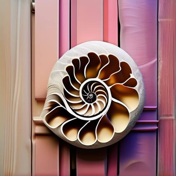 Nautilus shell art piece with intricate spiral design, mounted on colorful wooden panels.