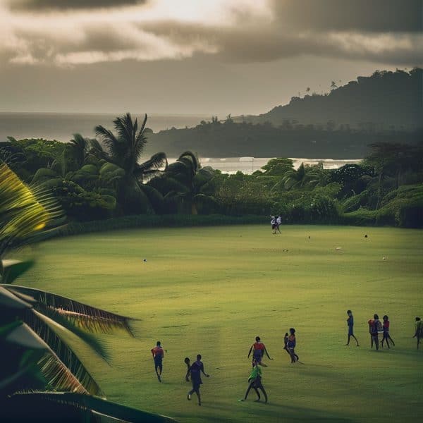 Tropical golf course with players enjoying a game amidst lush greenery and scenic views at sunset.